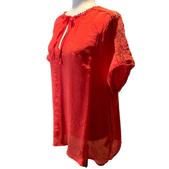 Women's Cap Sleeve Tie Front Blouse with Lace Inset - Picture 3 of 15